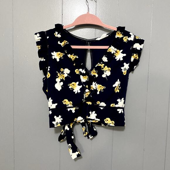 J by J.O.A. Navy Floral Ruffle Open Back Tie Ladder Lace Flirty Crop Top XL - Picture 1 of 6